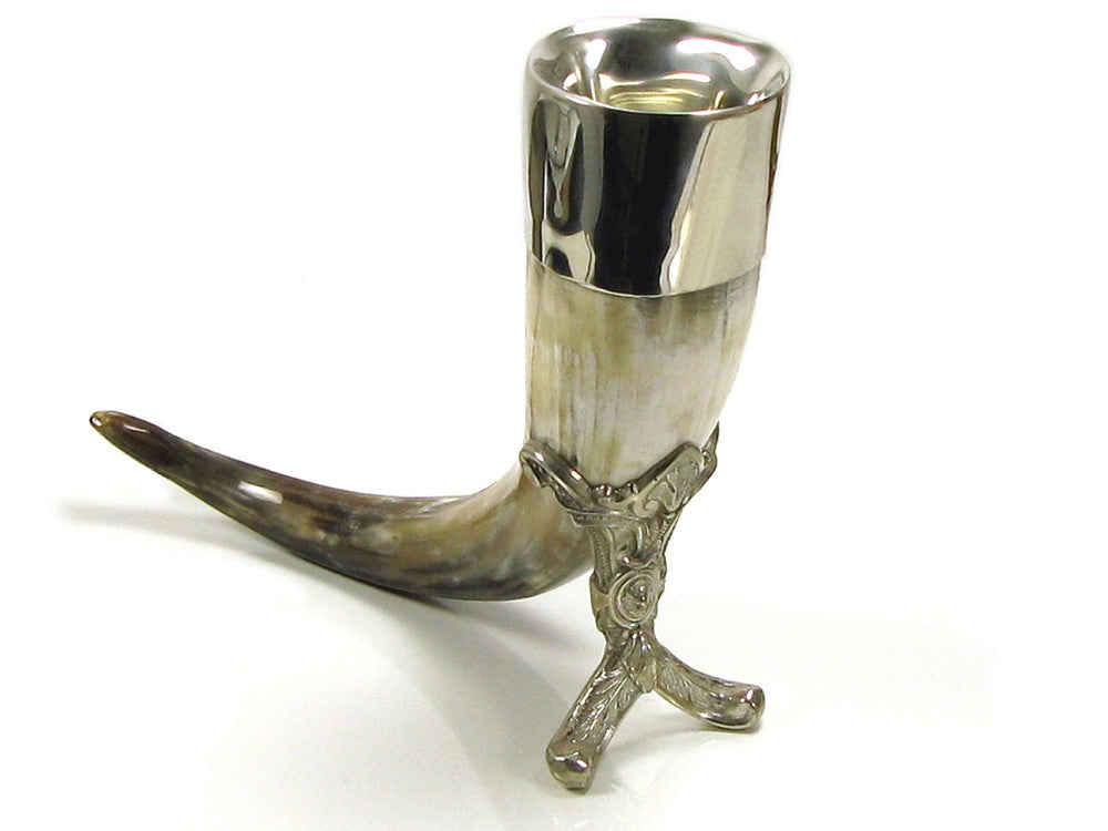Pewter Mounted Large Viking Polished Drinking Horn with Pewter Stand