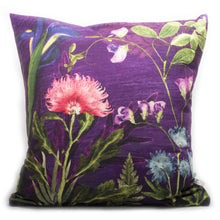 From Loft to loved - Gillian Arnold - 45cm velvet cushion - duck feather inner - Sedgefield, County Durham - Elegant embrace - purple and pink botanical print