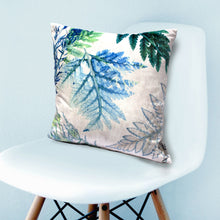 From Loft to loved - Gillian Arnold - 45cm velvet cushion - duck feather inner - Sedgefield, County Durham - Forage - blue and green fern print