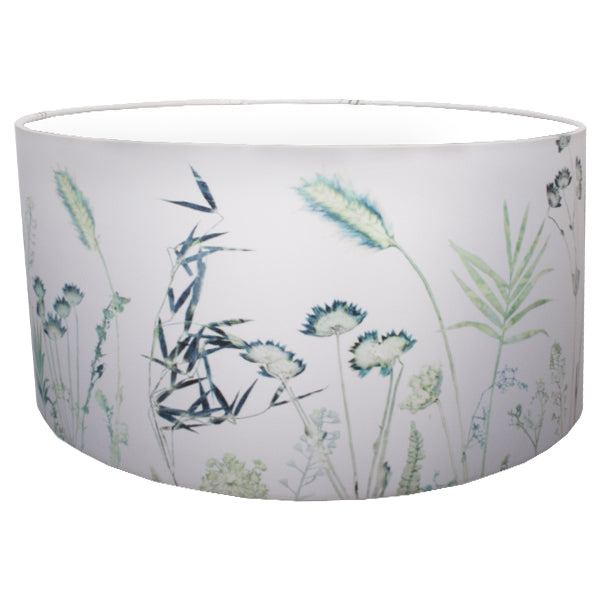 From Loft to loved - Gillian Arnold - drum shade for ceiling or table lamp - Sedgefield, County Durham - Hothouse Fronds - white and green 