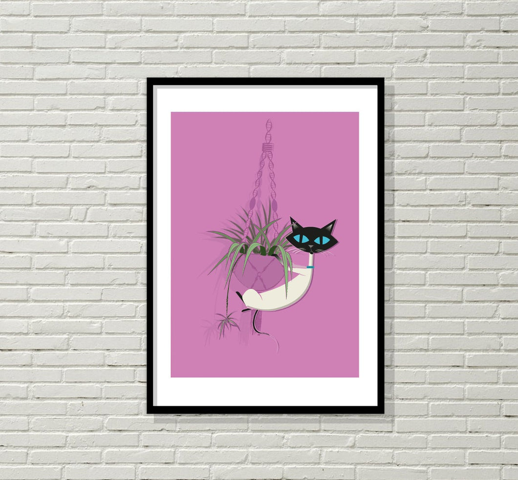 Siamese Cat Hanging from Macramé Print