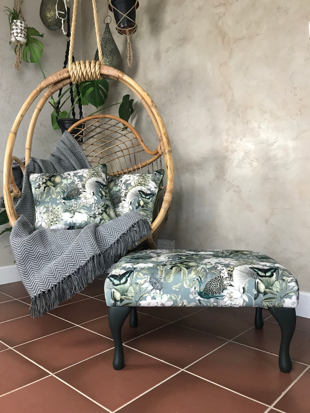 grey and green peacock luxury velvet footstool - green leaves & butterflies design - handmade new footstool - From Loft to Loved Interiors