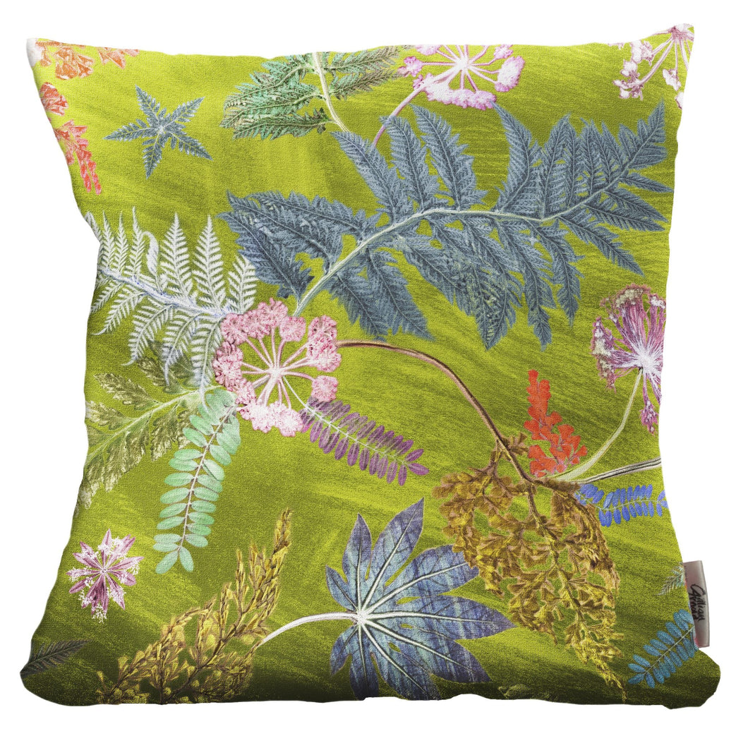 From Loft to loved - Gillian Arnold - 45cm velvet cushion - duck feather inner - Sedgefield, County Durham - Now that's something lime - lime green and pink botanical print