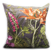 From Loft to loved - Gillian Arnold - 45cm velvet cushion - duck feather inner - Sedgefield, County Durham - Midnight bloom - pink and orange botanical print
