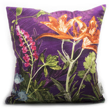 From Loft to loved - Gillian Arnold - 45cm velvet cushion - duck feather inner - Sedgefield, County Durham - Purple Whisper - purple and orange botanical print