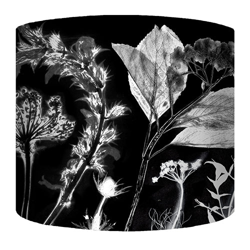 From Loft to loved - Gillian Arnold - drum shade for ceiling or table lamp - Sedgefield, County Durham - spring's spectre - monocrome - black and white leaves